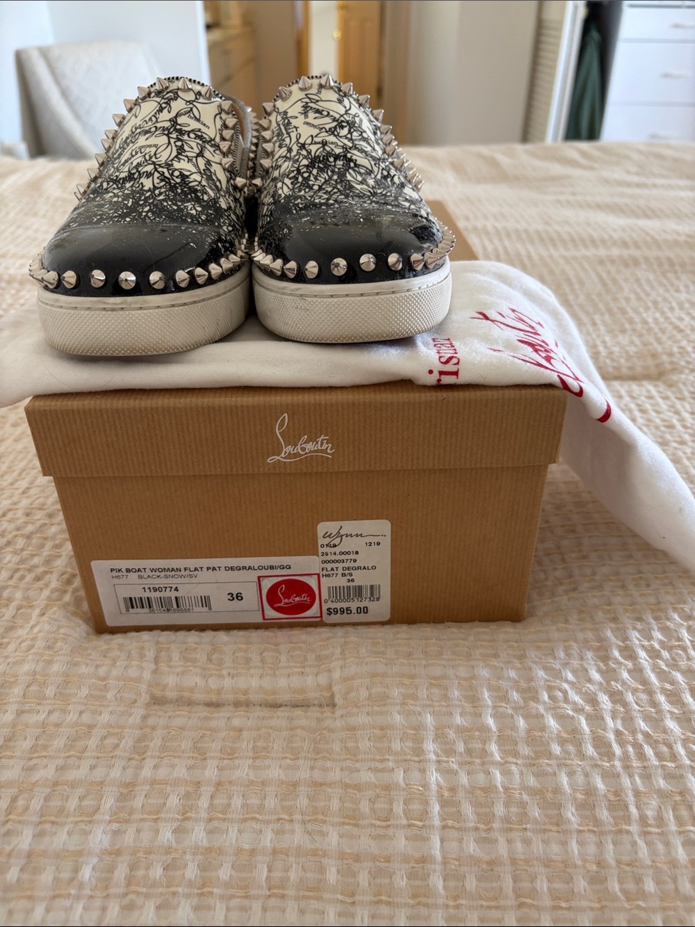 Christian Louboutin Black & White Studded Slip-On Sneakers